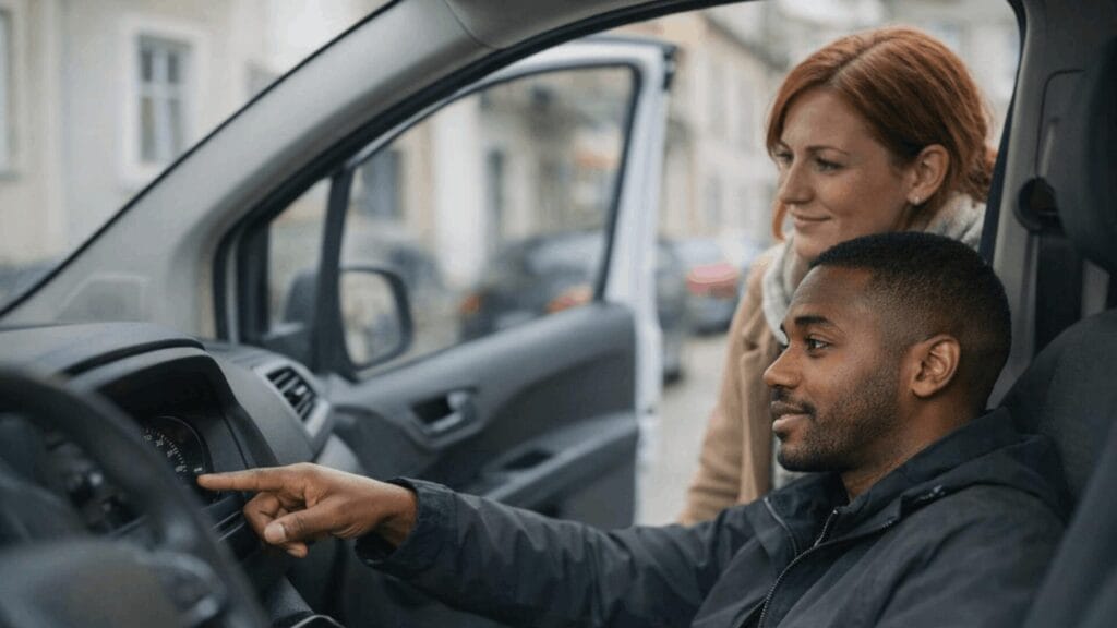 Fahrer zeigt auf Kilometerstand im Auto als Grundlage für ein korrekt geführtes Fahrtenbuch