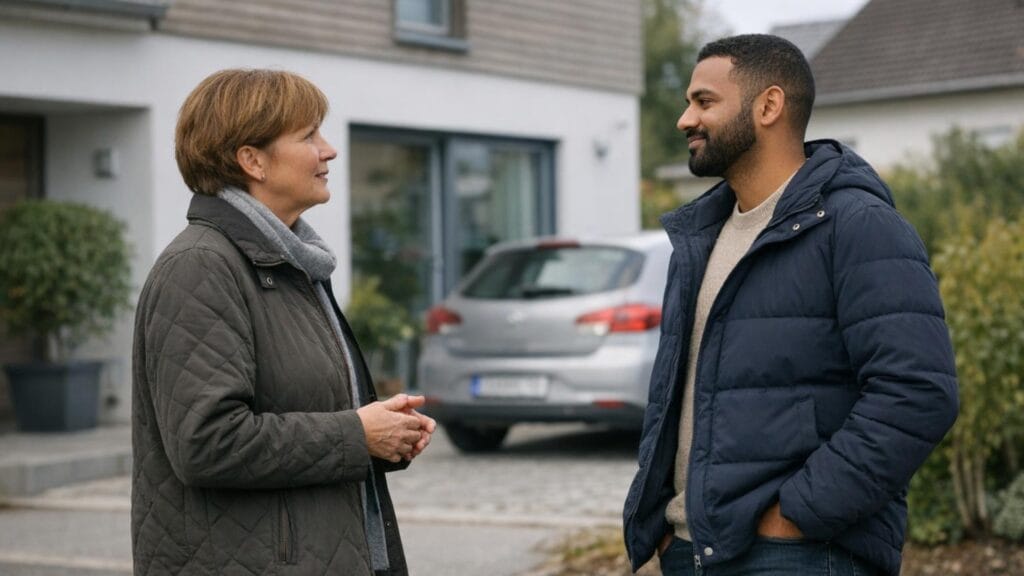 Gespräch vor einem Wohnhaus zum Immobilienverkauf und möglichen Steuerfolgen in Österreich