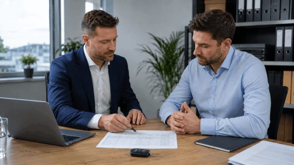 Steuerberater bespricht Fahrtenbuch-Unterlagen mit Unternehmer im Büro, Autoschlüssel liegt auf dem Tisch