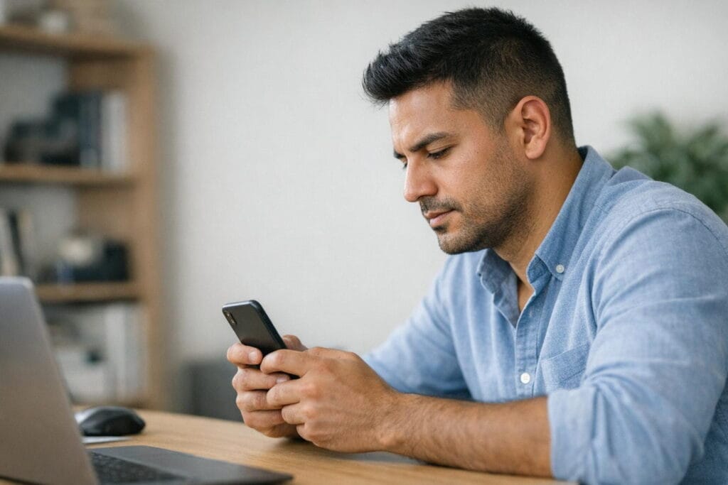 Unternehmer prüft am Smartphone eine UID-Nummer für Reverse Charge in Österreich