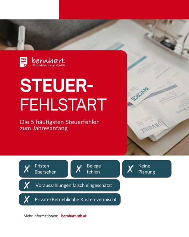 Steuer-Fehlstart vermeiden: Die 5 häufigsten Fehler

Das neue Jahr ist gestartet, aber die Steuer-Themen des letzten Jahres sind noch präsent. Damit du von Anfang an alles richtig machst, haben wir die 5 häufigsten Fehler zusammengefasst, die du unbedingt vermeiden solltest:

1. Fristen übersehen: 
Die Abgabefristen für Steuererklärungen und -voranmeldungen sind fix. Wer sie verpasst, riskiert Verspätungszuschläge.
2. Belege fehlen: 
Ohne Beleg keine Betriebsausgabe. Eine lückenhafte Belegsammlung kostet dich bares Geld.
3. Vorauszahlungen falsch eingeschätzt: 
Zu niedrige Vorauszahlungen führen zu unerwarteten Nachzahlungen und können deine Liquidität belasten. Zu hohe Vorauszahlungen binden hingegen unnötig Kapital, das dir im laufenden Betrieb fehlt.
4. Keine Planung: 
Wer seine steuerlichen Themen nicht plant, verschenkt wertvolles Potenzial zur Optimierung.
5. Private & Betriebliche Kosten vermischt: 
Eine saubere Trennung ist essenziell, um bei einer Prüfung auf der sicheren Seite zu sein.

Mit einer guten Organisation und einem verlässlichen Partner an deiner Seite kannst du diese Fehler leicht vermeiden. Wir unterstützen dich dabei, von Anfang an den richtigen Kurs zu setzen.

🌐 bernhart-stb.at
📞 +43 1 4073383
📩 office@bernhart-stb.at

#steuerberatungbernhart #steuerfehler #jahresanfang #buchhaltung #steuertipps