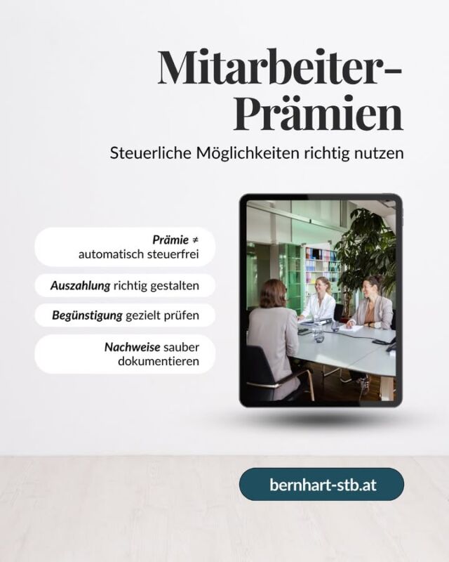 Mitarbeiterprämie 2026: Bis zu 500 € steuerfrei auszahlen 💶

Auch 2026 gibt es in Österreich die Möglichkeit einer steuerfreien Mitarbeiterprämie – allerdings gelten andere Voraussetzungen als 2025.

Von Juli bis Dezember 2026 können Zulagen und Bonuszahlungen bis zu 500 € pro Arbeitnehmer steuerfrei gewährt werden. Voraussetzung ist insbesondere, dass die Zahlung auf einer entsprechenden lohngestaltenden Vorschrift beruht – in der Praxis also häufig auf einer kollektivvertraglichen Regelung. 

Außerdem muss es sich um eine zusätzliche Zahlung handeln, die bisher nicht üblicherweise gewährt wurde. Ob die Begünstigung genutzt werden kann, hängt daher auch vom jeweiligen Kollektivvertrag und der konkreten Gestaltung ab.

Unser Tipp: Vor der Auszahlung prüfen, ob die Voraussetzungen für deinen Betrieb tatsächlich erfüllt sind – damit aus der geplanten steuerfreien Prämie nicht nachträglich eine steuerpflichtige Zahlung wird.

Du möchtest deinen Mitarbeitern 2026 eine Prämie auszahlen? Wir prüfen gerne, welche Möglichkeiten für dein Unternehmen bestehen.

📧 office@bernhart-stb.at
📞 +43 1 4073383
🌐 bernhart-stb.at

#mitarbeiterprämie #lohnverrechnung #arbeitgeber #steuerberatung #steuerberatungbernhart
